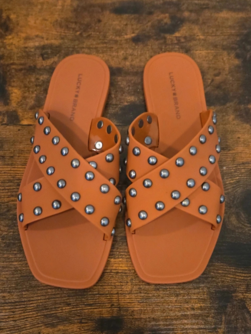 Lucky Brand Orange Studded Crisscross Slide Sandals